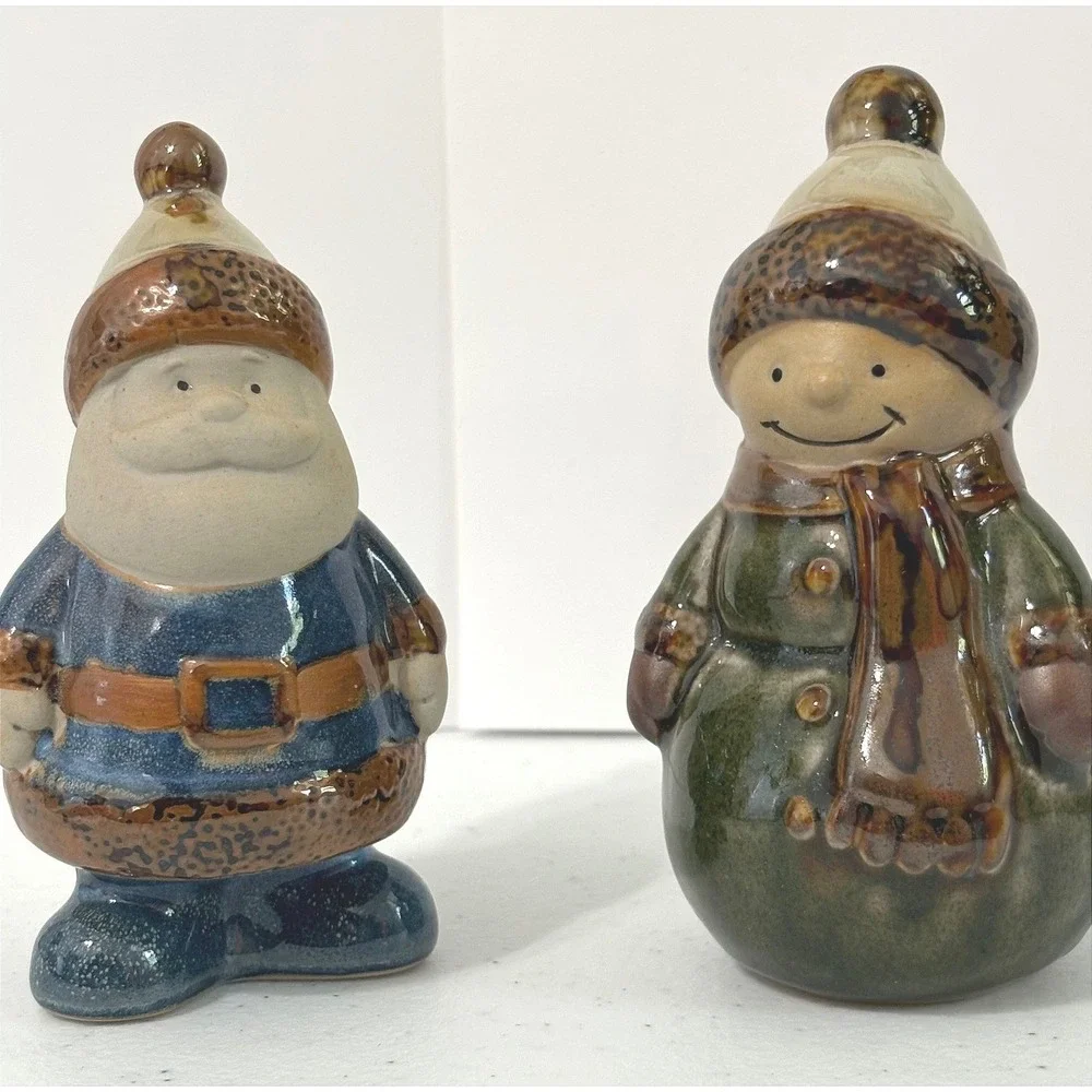 Ceramic Santa and Snowman Figurines Blue Green Glazed Christmas Folk Art Decor